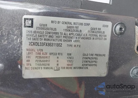 2008 Pontiac Torrent from USA, damaged, VIN 2CKDL33FX86311862